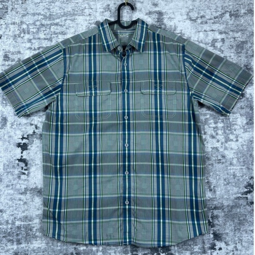 Woolrich Men Shirt Large Green Blue Plaid Short Sleeve Button‎ Up Outdoor Hiking